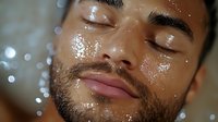 Young Asian man with water drops on face and closed eyes against blurred bokeh background, expressing freshness and relaxation in skincare and wellness concept.