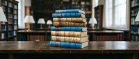 Stack of vintage leather-bound books with blue and brown spines arranged on wooden table in library setting with bookshelves and lamps in background.