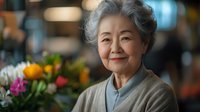 Senior Asian woman with gentle smile wearing cardigan against blurred floral background, representing active aging, wisdom and contentment in retirement years.