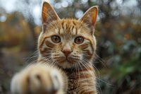 Playful ginger cat reaching paw toward camera with curious expression, bokeh background creates dreamy atmosphere, close-up portrait shows detailed whiskers and fur.
