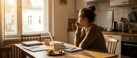 Young woman working from home at kitchen table with laptop and coffee cup in warm morning sunlight streaming through window creating cozy workspace atmosphere.