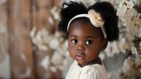 Young African American girl with natural hair in puffs wearing cream headband and knit sweater against soft floral background.
