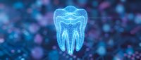 Digital wireframe tooth model glowing in blue light on abstract bokeh background for dental technology and healthcare innovation concepts.