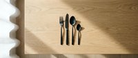 Flat lay arrangement of black cutlery set including fork, knife, and spoons on wooden surface with natural sunlight and shadow for dining, restaurant, or tableware design projects.