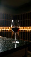 Glass of red wine on dark stone surface with blurred wine cellar and wooden barrel racks in background, suitable for wine industry, hospitality, and beverage marketing.