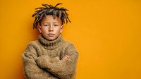 Young African American boy with dreadlocks wearing cozy brown sweater against vibrant orange background, arms crossed confidently for lifestyle content.