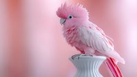 Pink cockatoo parrot perched on white ceramic vase against soft pastel background for home decor and pet themes.