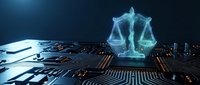 Glowing holographic scales of justice above a circuit board, symbolizing AI law, digital ethics, and technology regulation concepts.