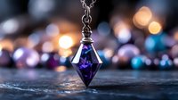 Mystical purple crystal pendant necklace on dark surface with blurred bokeh lights background creating magical atmosphere for jewelry photography.