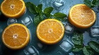 Fresh juicy orange halves with green mint leaves and ice cubes on dark background with water drops, refreshing summer drink concept for healthy lifestyle.