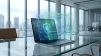 Laptop displaying digital security shield and data protection interface in modern office with city skyline, representing cybersecurity solutions and network safety.
