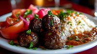 Savory meatballs served with rice, fresh tomatoes, and pickled vegetables on white plate, traditional Middle Eastern cuisine for restaurant menu.