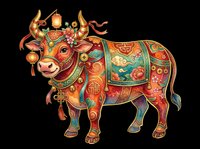 Festive ox decorated with traditional Asian ornaments, lanterns, and floral patterns, isolated on transparent background. Great for clipart, stickers, t-shirt design, print on demand.