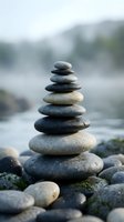 Balanced stone cairn stack on pebble beach with soft blurred natural background creating peaceful zen meditation atmosphere for wellness and mindfulness concepts.