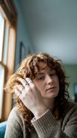 Thoughtful young Caucasian woman with curly brown hair touching face in contemplative pose by window in cozy indoor setting for lifestyle content.