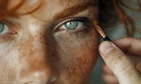 Close-up view of bright green eyes with natural freckles on fair skin while applying eye makeup with small brush, beauty and cosmetics concept.