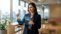 Woman in business attire holding digital network icons in modern office with city view, representing connectivity, technology solutions, and professional communication for corporate design.