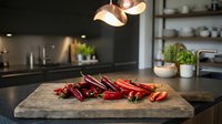 Fresh red chili peppers on wooden cutting board in modern kitchen interior with copper pendant lights and herbs for cooking spicy dishes.