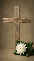Rustic wooden cross with white chrysanthemum flower on neutral background for Easter, memorial, faith and spiritual concepts.
