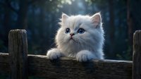 White fluffy kitten with blue eyes perched on wooden fence in forest setting, looking upward with curious expression, backlit by sunlight.