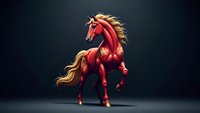 Majestic red stallion rearing up with flowing golden mane on dark background, powerful equine in dynamic pose showcasing strength and grace for fantasy artwork.