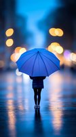 Person holding blue umbrella on wet street at night with blurred city lights creating atmospheric bokeh effect, reflection on rainy pavement creates moody ambiance.