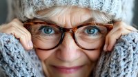 Senior woman with bright blue eyes wearing knitted gray hat and tortoise shell glasses, smiling warmly at camera in close-up portrait.