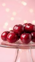 Fresh red cherries with water droplets on glass plate against soft pink bokeh background for summer dessert and healthy eating concepts.