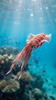 Colorful squid swimming gracefully in crystal clear blue ocean water with coral reef and tropical fish in background creating magical underwater scene.