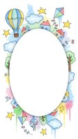 Watercolor oval frame with hot air balloons, houses, kites and stars for children designs, invitations and greeting cards.