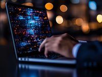 Programmer working late at night on laptop with glowing code on screen, blurred city lights bokeh in background creating atmospheric cybersecurity concept.