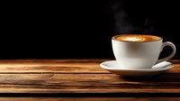 White ceramic cup of fresh cappuccino with latte art foam on wooden table against dark background, minimalist coffee shop atmosphere for menu and advertising.