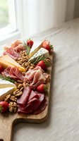 Gourmet charcuterie board with cured meats, artisan cheeses, fresh strawberries, walnuts and herbs on wooden serving platter for entertaining and appetizers.