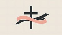 Black Christian cross with flowing pink ribbon banner on light beige textured background, minimalist religious symbol design for faith-based materials.