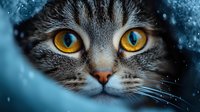 Close up portrait of gray tabby cat with bright amber eyes against blue winter background with falling snow, dramatic lighting highlights feline features.