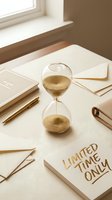Hourglass with golden sand on elegant desk beside limited time only card, envelopes and notebook in warm beige tones for business deadline concept.