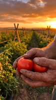 Farmer hands holding fresh ripe tomato at sunset in organic vegetable garden with golden sky background for sustainable agriculture and farm to table concept.