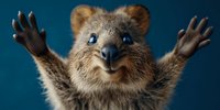 Adorable quokka with arms raised up in cheerful greeting gesture against blue background, expressing joy and happiness in wildlife portrait.