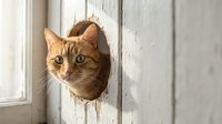Ginger tabby cat peeking through hole in white wooden wall, curious feline looking directly at camera with alert expression, suitable for pet, humor, and animal content.