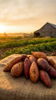 Fresh harvested sweet potatoes on burlap sack at sunset with farm barn and field in background for organic agriculture and healthy eating concepts.