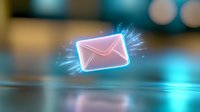 Glowing neon pink envelope icon with sparkling light effects floating on reflective surface against blurred turquoise background, modern communication concept.