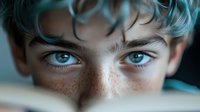Close up portrait of young male with bright blue eyes and freckles looking up from behind book, dramatic lighting highlights facial features and turquoise hair.