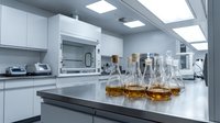 Modern laboratory interior with glass flasks containing amber liquid samples on steel counter. Clean sterile research facility for scientific experiments.
