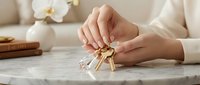 Woman's hands holding gold keys on a marble table, real estate concept with elegant home interior background.