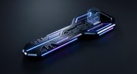 Futuristic spaceship with glowing blue neon lights on dark background. Sci-fi vehicle design for gaming, entertainment and technology concepts.