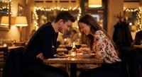 Romantic couple enjoying intimate dinner date at upscale restaurant with warm lighting and wine glasses creating perfect evening atmosphere for celebration.