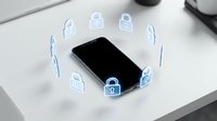 Modern smartphone with digital security icons and padlock symbols floating around device representing mobile cybersecurity and data protection technology.
