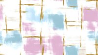 Abstract geometric pattern with soft pink and blue watercolor squares intersected by golden brushstrokes on white background, seamless repeat design for fabric and wallpaper.