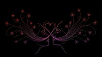 Elegant pink floral ornament with heart center on black background. Decorative swirls and flowers create symmetrical design for romantic projects and invitations.