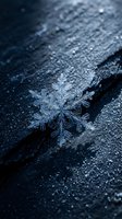 Single delicate snowflake crystal on dark textured surface with water droplets creating atmospheric winter scene for seasonal designs and holiday projects.